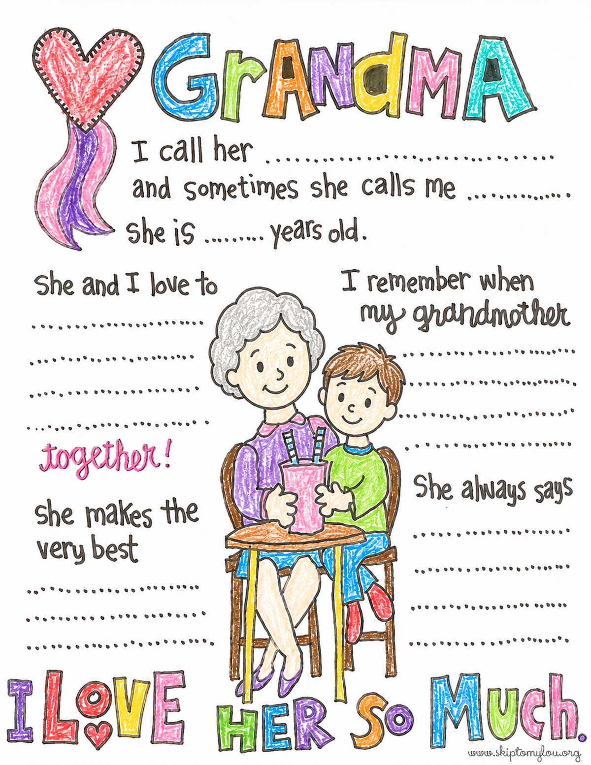 Grandma coloring page colored with crayons by a child with fill in the blank prompts and a sweet grandma and grandchild picture