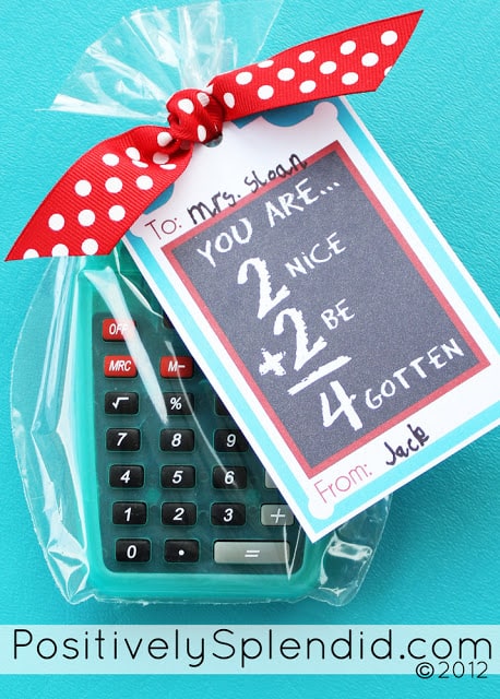 calculator packaged in clear bag with a tag that says, "you are 2 nice 2 be forgotten"