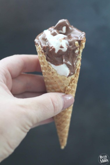 Sugar Cone S'mores! This no mess approach to S'mores is the best! You can bake them, BBQ them or cook them in a fire! From www.overthebigmoon.com!