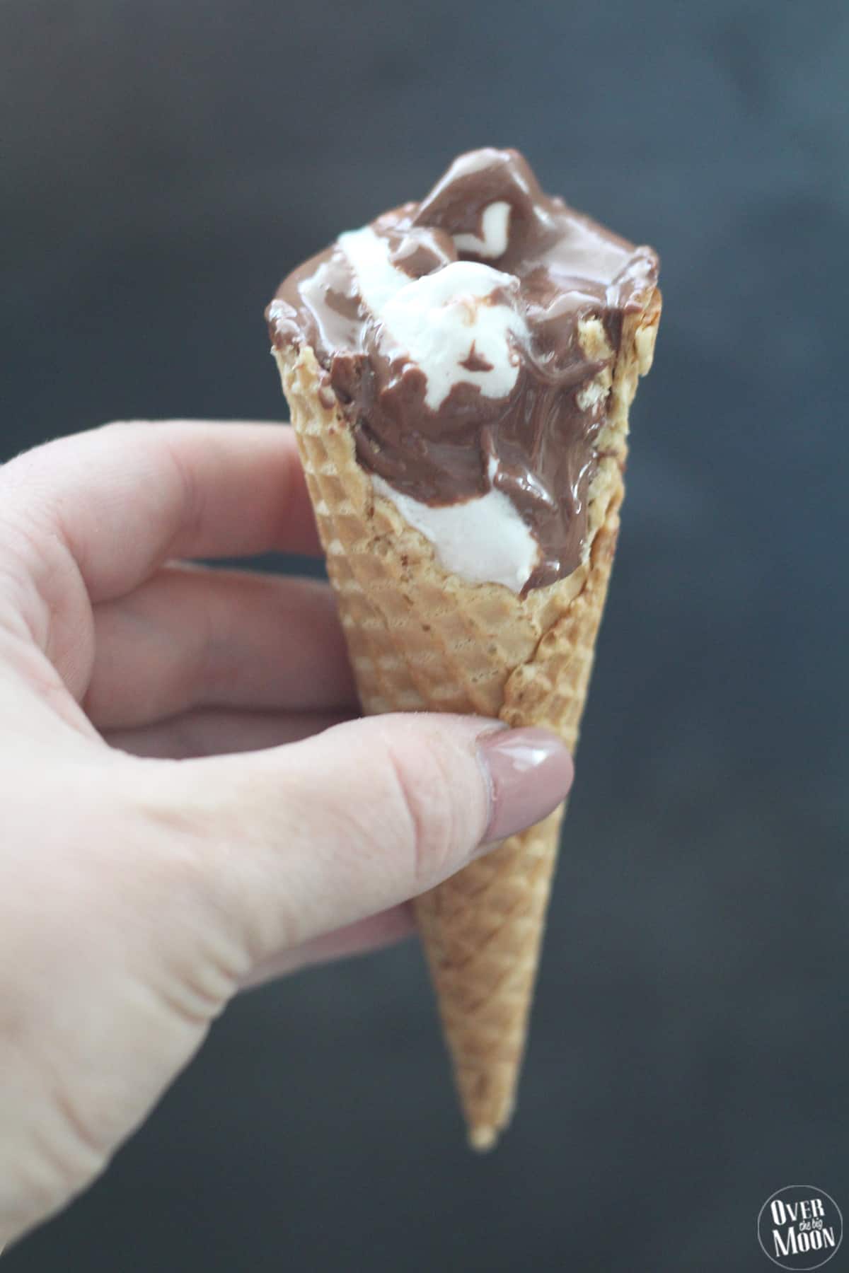 Sugar Cone S'mores! This no mess approach to S'mores is the best! You can bake them, BBQ them or cook them in a fire! From www.overthebigmoon.com!
