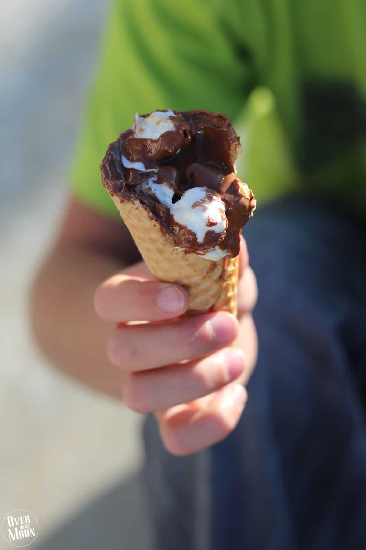 Sugar Cone S'mores! This no mess approach to S'mores is the best! You can bake them, BBQ them or cook them in a fire! From www.overthebigmoon.com!