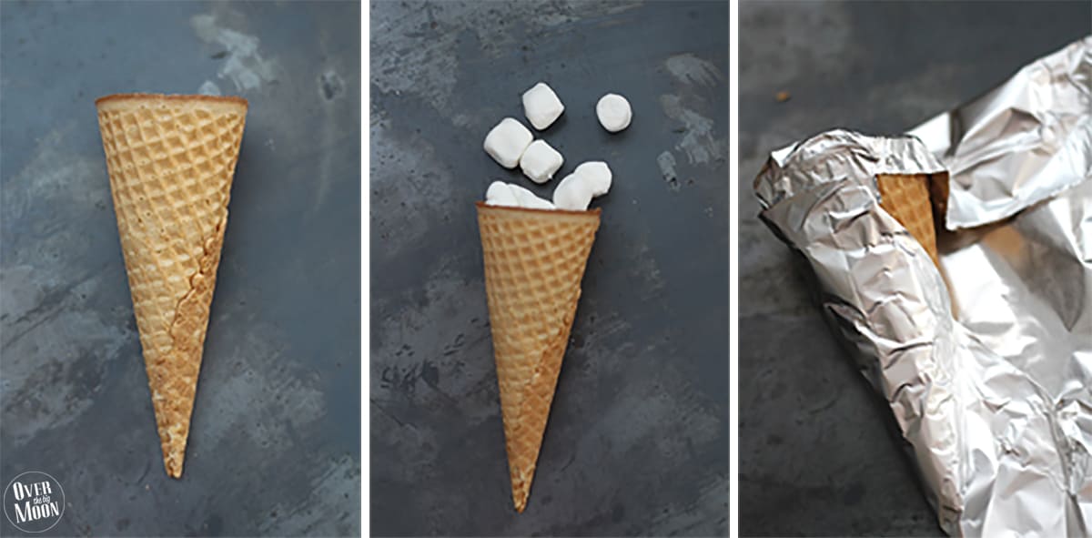 Sugar Cone S'mores! This no mess approach to S'mores is the best! You can bake them, BBQ them or cook them in a fire! From www.overthebigmoon.com!