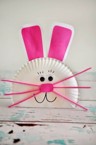 paper plate bunny with pink ears, nose, and whisker