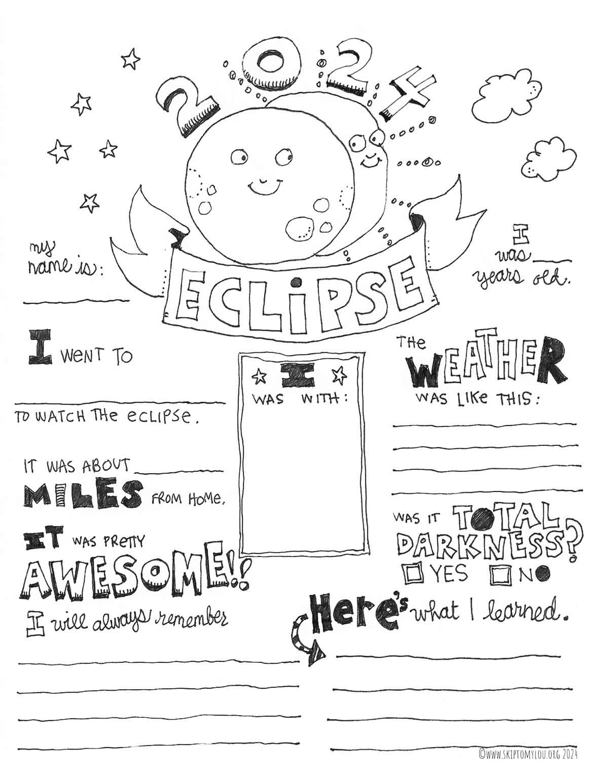 free printable 2024 solar eclipse coloring page illustration
