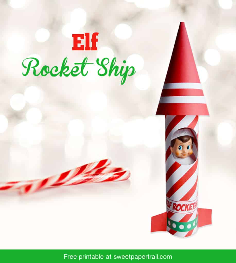 elf in a red and whie rocket ship