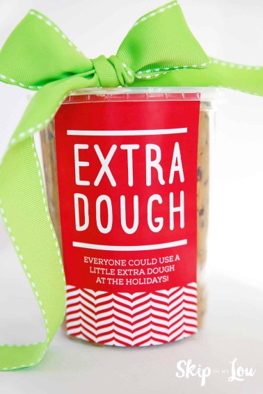 cookie dough in container with tag that say extra dough