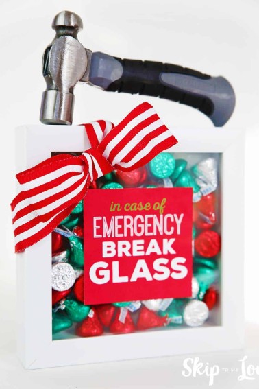 shadow box filled with candy hammer in case of emergency break glass