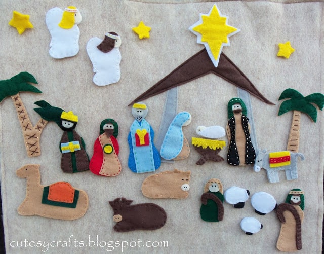 Nativity with items cut from felt.