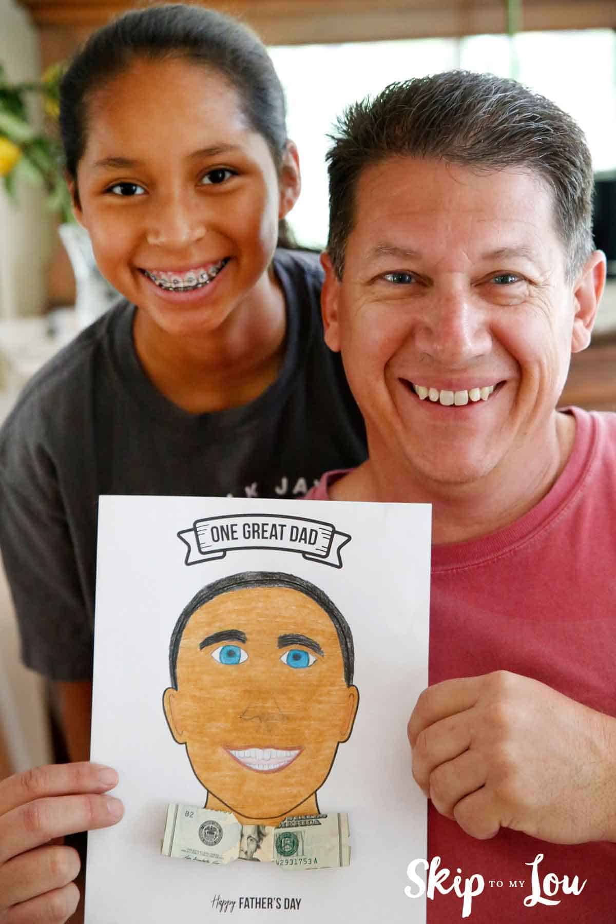 father daughter holding a dad portrait coloring page with an origami 20 dollar bow tie gift for dad
