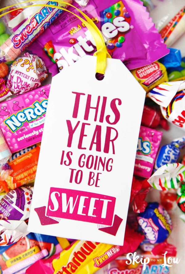 this year is going to be sweet gift tag on candy