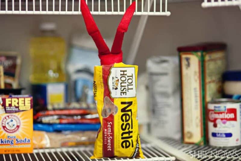 Elf caught upside down in a bag of chocolate chips