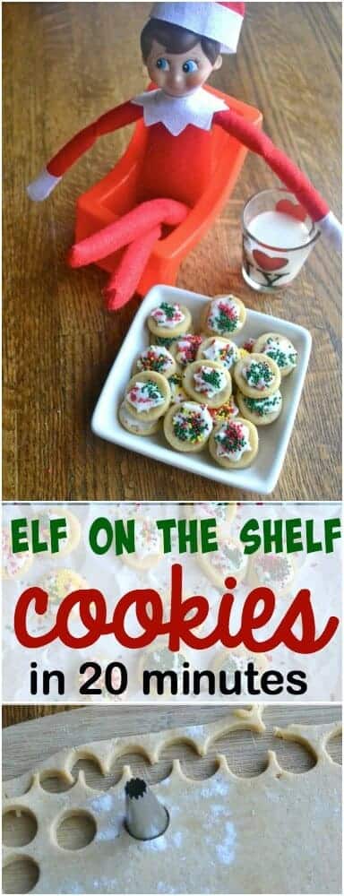 elf sized cookies on a tiny white plate with the elf relaxing in a red chair with a glass of milk