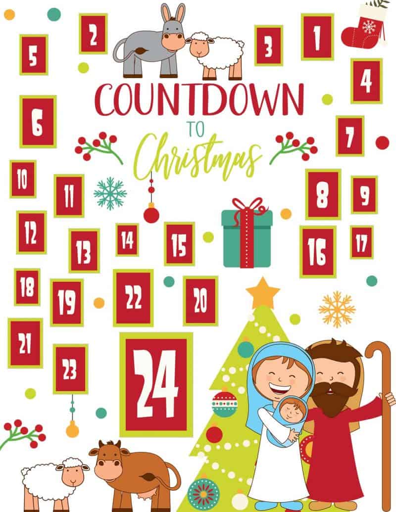 nativity calendar printable with a donkey, sheep, Mary, Joseph, and baby Jesus.