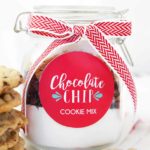 chocolate chip cookie mix in a jar with ribbon