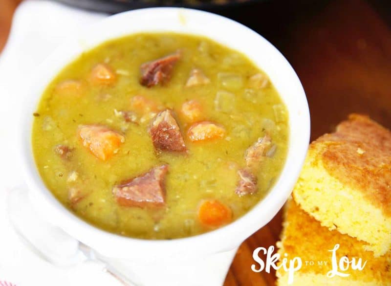 split pea soup in bowl with cornbread