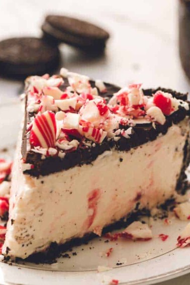 slice frozen peppermint cheese cake on white plate