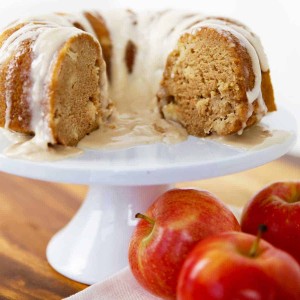 apple cake on white cake stand
