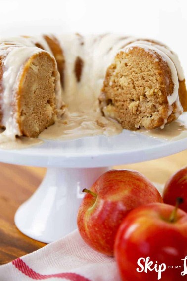 apple cake on white cake stand