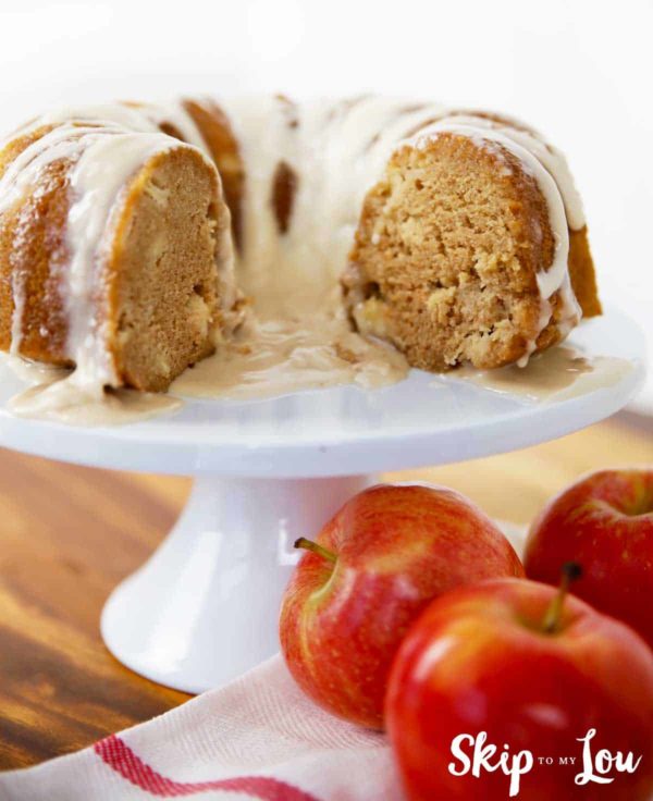 apple cake on white cake stand