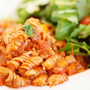pressure cooker goulash on white plate