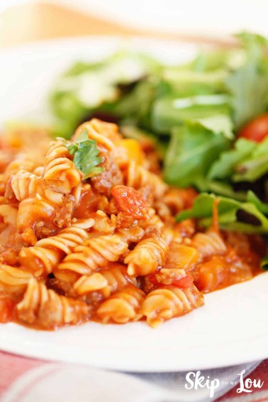 pressure cooker goulash on white plate