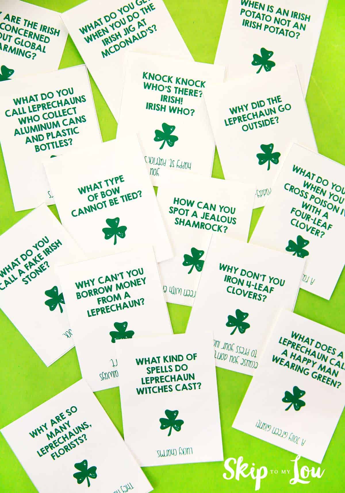 st patricks day jokes printable cards on green background