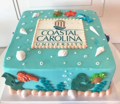 aqua colored cake with shells sea life in fondant says coastal carolina university
