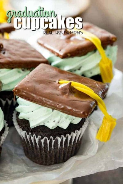 chocolate cupcakes with mint frosting chocolate dipped graham cracker with yellow licorice tassel