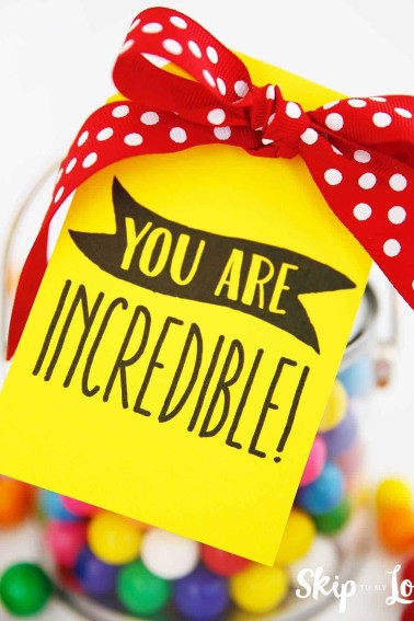 yellow you are incredible gift tag tied to jar of gum balls