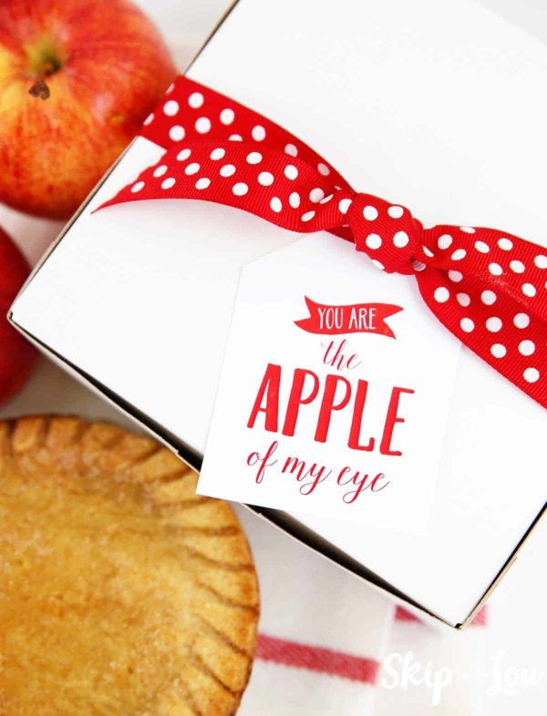 apple of my eye gift tag on box with apple pie and apple
