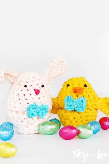 bunny and chick crochet Easter egg covers with chocolate eggs