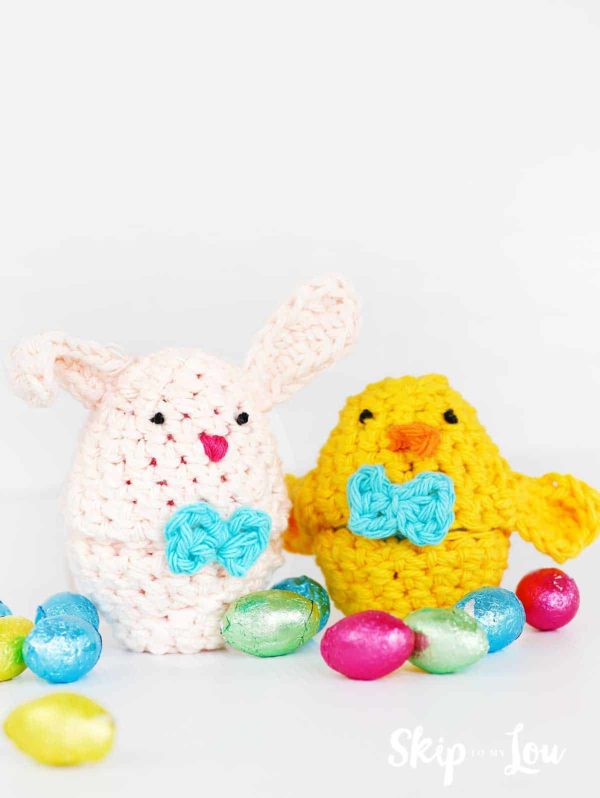 bunny and chick crochet Easter egg covers with chocolate eggs