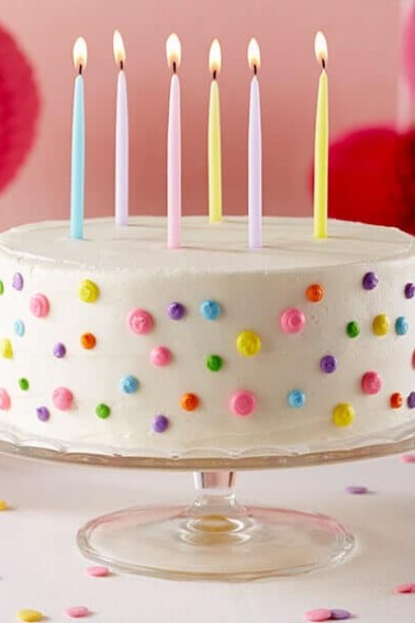 polka dot birthday cake on cake stand