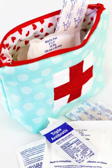 sewn first aid pouch filled with band aids