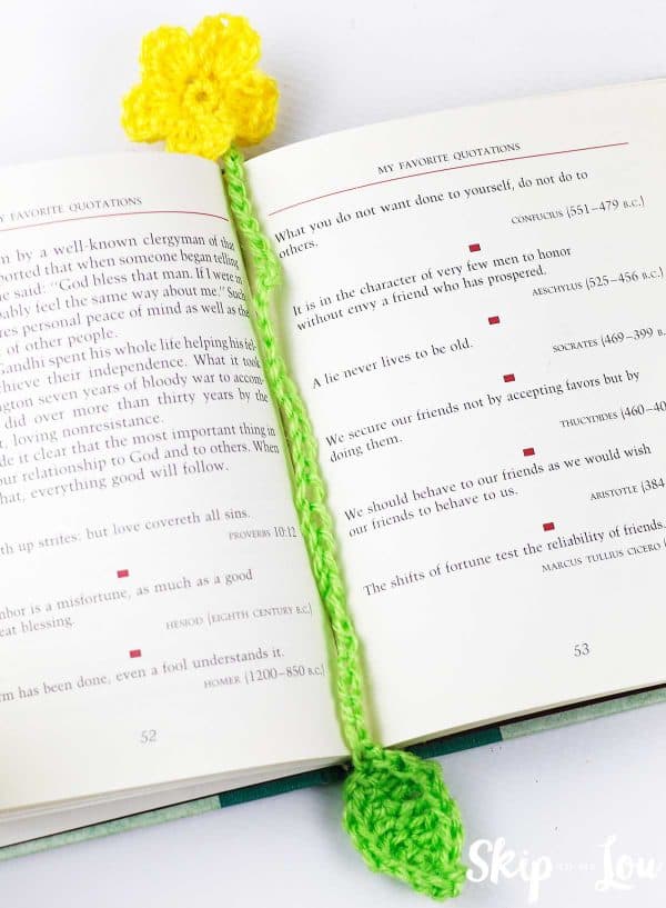 crochet flower bookmark in open book