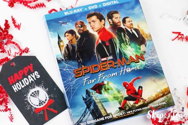 Spider Man Far From Home video and holiday gift tag