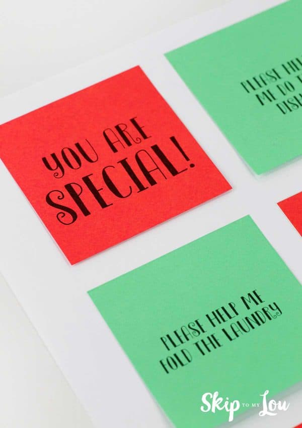 Printed post it notes on stuck on template. Text: You Are Special!, Please Help Me Fold The Laundry. -Skip To My Lou