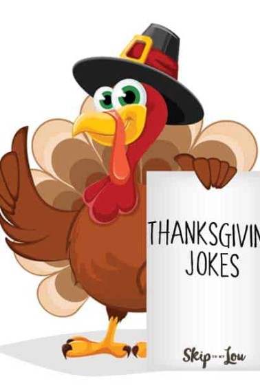 cartoonturkey holding board that says thanksgiving jokes
