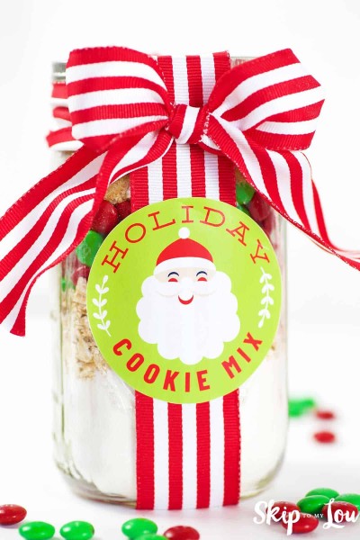 cookie mix in jar with santa label striped ribbon