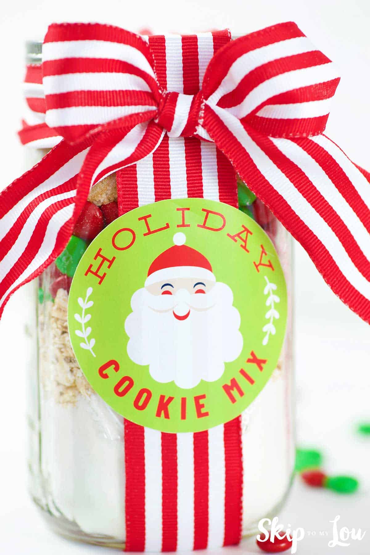 jar cookie mix with santa lable striped red and white ribbon