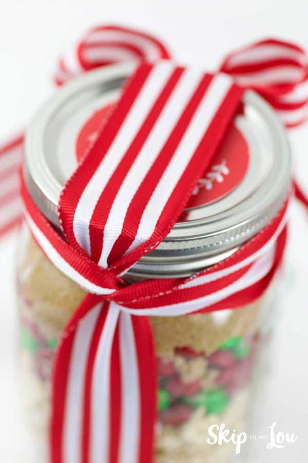 ribbon tied on holiday cookie mix in jar