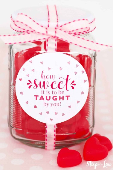 jar filled with red candy hearts how sweet it is to be taught by you label