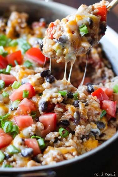mexican rice burrito bowl in a skillet