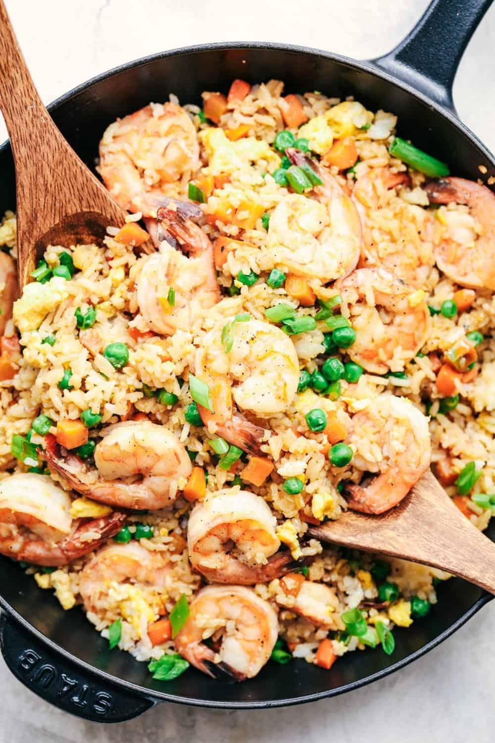 shrimp fried rice in cast iron skillet
