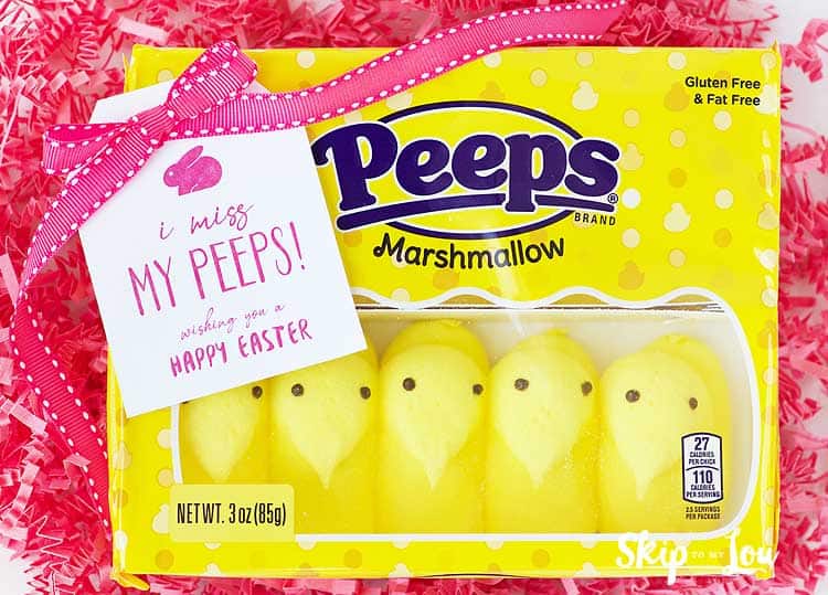 i miss my peeps gift tag attached to box of yellow candy peeps