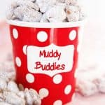 Muddy Buddies in red dot paper container