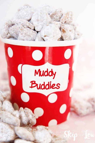 Muddy Buddies in red dot paper container