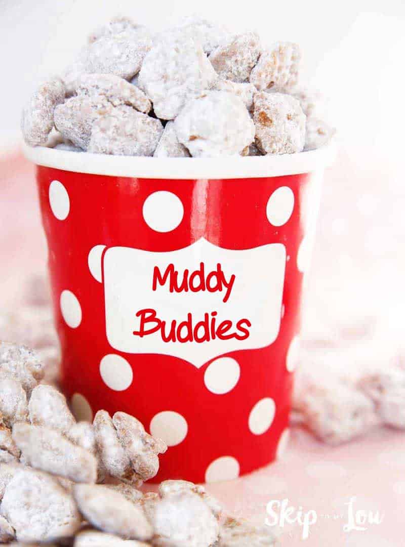 Muddy Buddies in red dot paper container