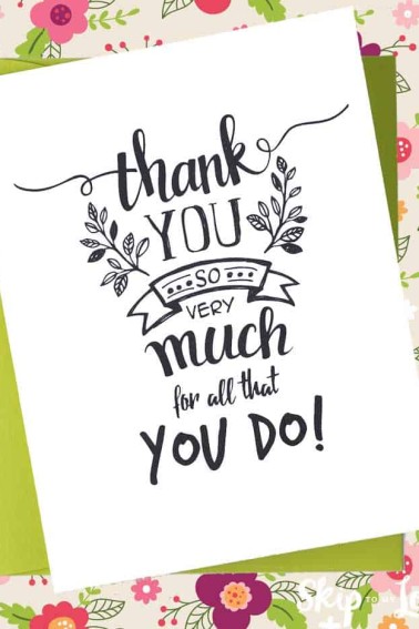printable thank you card laying on green envelope