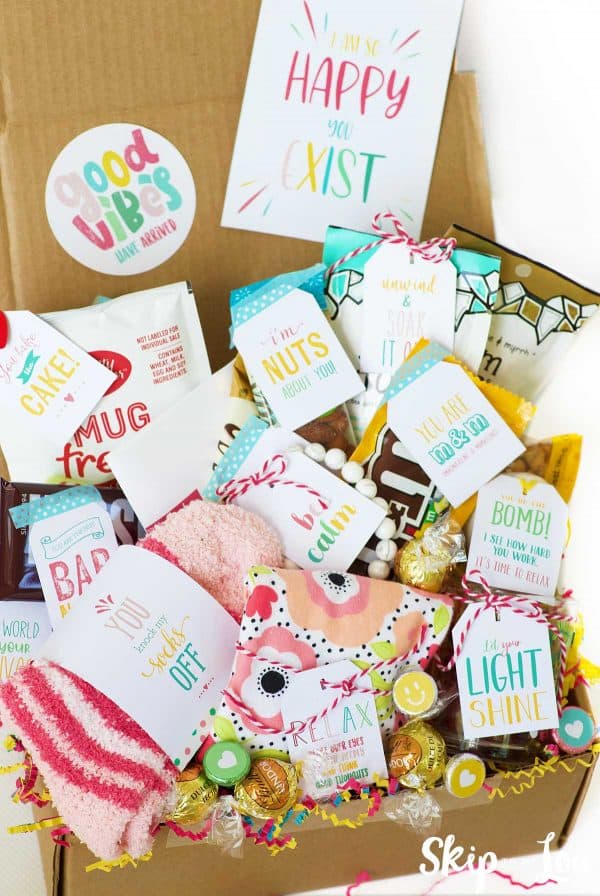 gift items in brown box for good vibes care package